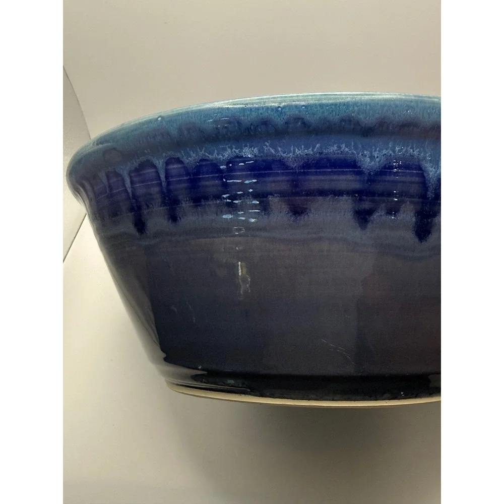 Handmade Studio Pottery Blue Drip Glaze Stoneware Serving Bowl Artisan Signed